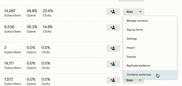 Mailchimp audience Stats menu with Combine audiences