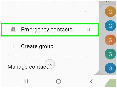 Android Contacts menu with Emergency contacts highlighted
