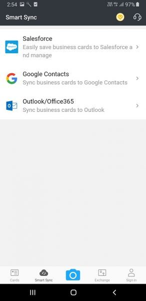 CamCard Smart Sync options: Salesforce, Google Contacts and Outlook/Office365