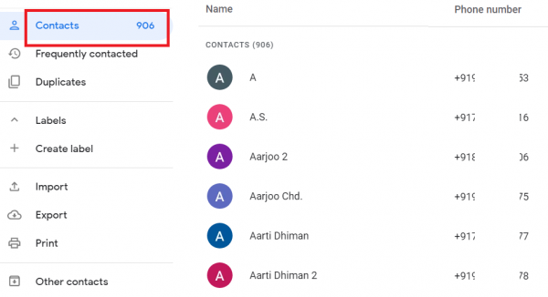 Google Contacts with the Contacts list highlighted in the sidebar