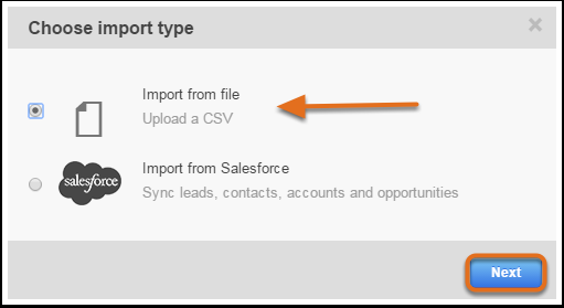 Choose import type dialog with Import from file selected and the Next button highlighted