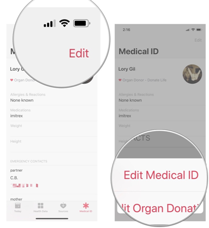 Health app Medical ID with Edit in the top-right corner, then Edit Medical ID