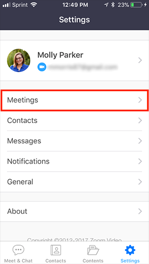 Zoom mobile app Settings with Meetings highlighted