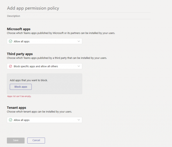 Microsoft Teams app permission policy with Third party apps set to Block specific apps and allow all others