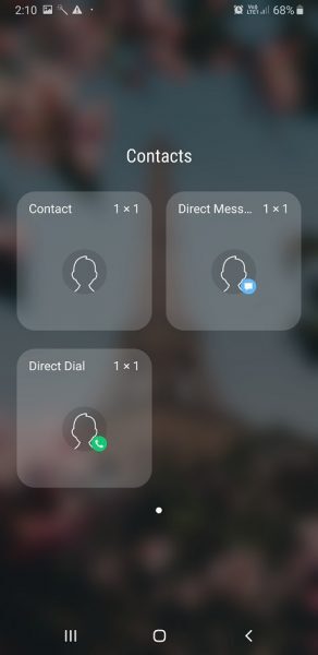 Android Contacts widgets: Contact, Direct Message and Direct Dial, each 1x1
