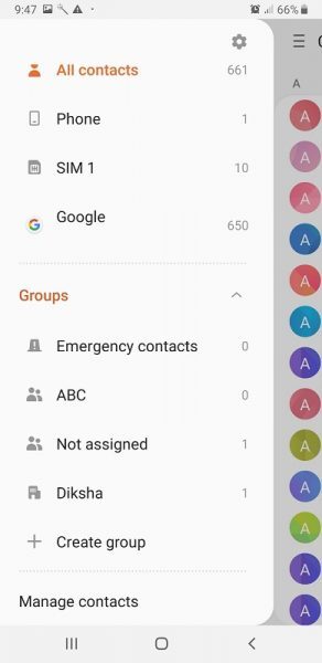 Android Contacts menu with All contacts selected and the Phone, SIM and Google sources