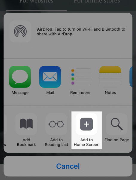 iPhone share sheet with Add to Home Screen highlighted