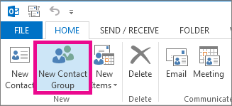 Outlook Home ribbon with New Contact Group highlighted