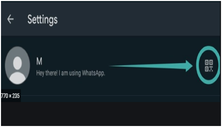 WhatsApp Settings on Android with an arrow pointing to the QR code icon next to the name