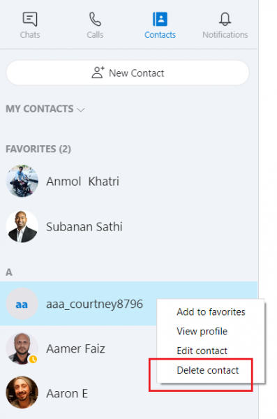 Skype contact list with a contact's right-click menu open and Delete contact highlighted