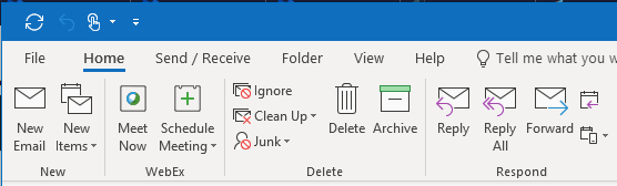 Outlook ribbon with the Home, Send / Receive and Folder tabs