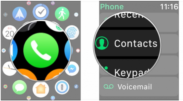 Apple Watch app screen with the Phone app, then the Phone app with Contacts