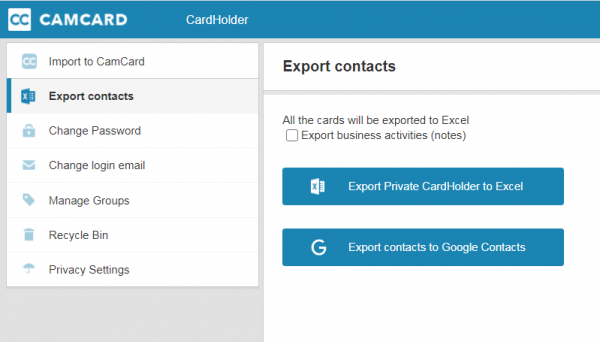 CamCard Export contacts page with Export Private CardHolder to Excel and Export contacts to Google Contacts