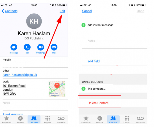 iPhone contact card with Edit highlighted, then the edit screen with Delete Contact at the bottom