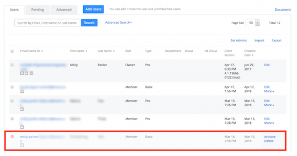 Zoom Users list with a user row highlighted, showing the Delete option