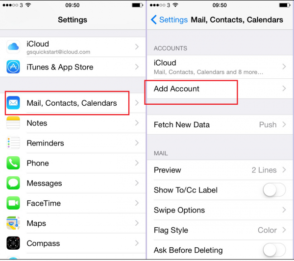 iPhone Settings with Mail, Contacts, Calendars highlighted, then Add Account highlighted