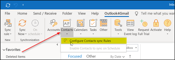 Outlook4Gmail ribbon in Outlook with the Contacts menu open and Configure Contacts sync Rules highlighted