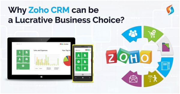 Zoho CRM on a tablet and a phone, next to the Zoho logo