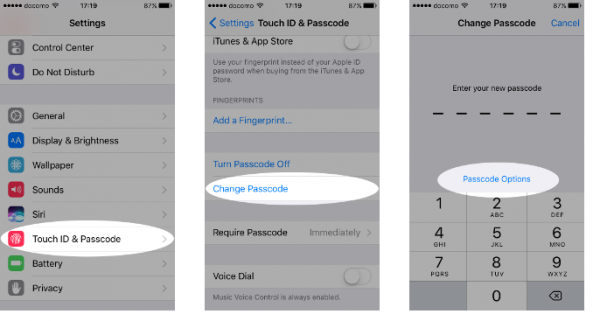 iPhone Settings with Touch ID & Passcode, then Change Passcode and Passcode Options