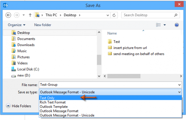 Outlook Save As dialog with Text Only chosen as the file type