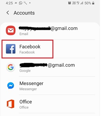 Android Accounts list with the Facebook account highlighted