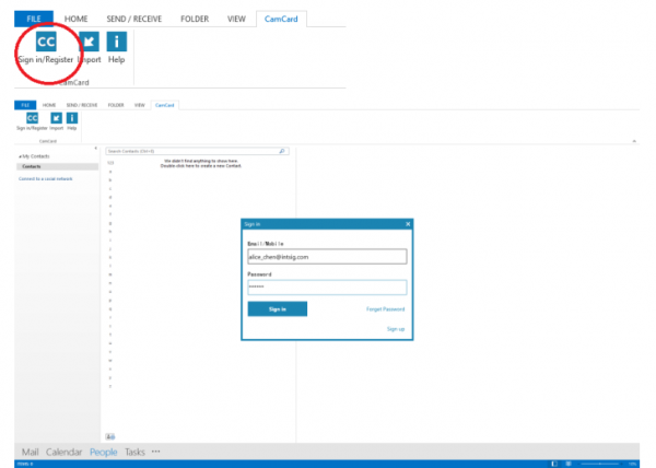 Outlook with the CamCard tab's Sign in/Register icon circled and the CamCard sign-in dialog