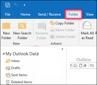 Outlook ribbon with the Folder tab highlighted