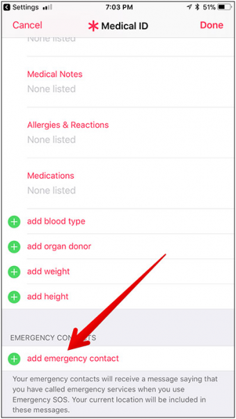 Medical ID edit screen with an arrow pointing to add emergency contact