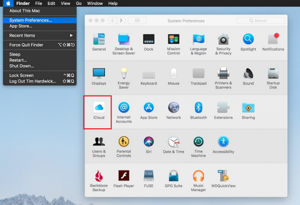 Mac System Preferences with iCloud highlighted
