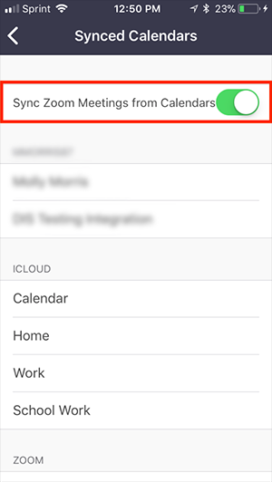 Zoom Synced Calendars screen with Sync Zoom Meetings from Calendars turned on