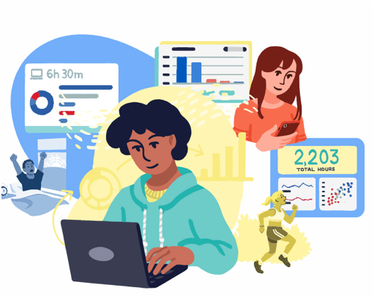 Illustration of people tracking their time with RescueTime reports