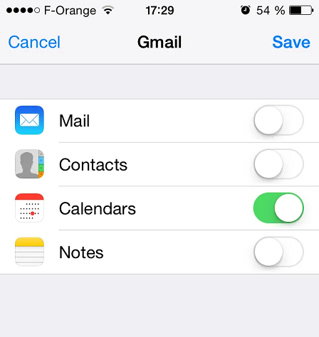 iPhone account settings with the Contacts toggle switched off