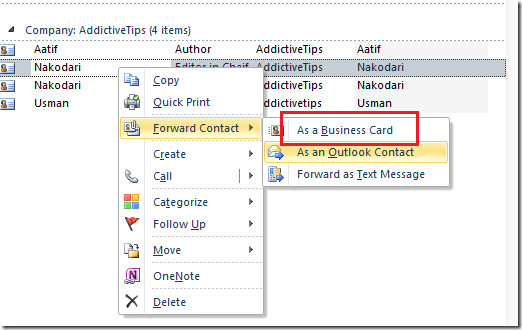 Outlook contact menu with Forward Contact and As a Business Card highlighted