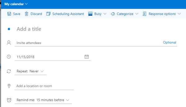 Outlook calendar new event form with title, attendees, date and reminder fields