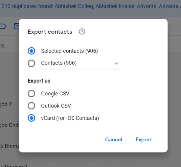 Google Contacts Export contacts dialog with vCard (for iOS Contacts) selected