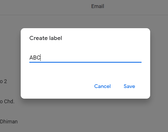 Google Contacts Create label dialog with a new label name typed in