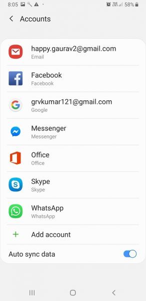 Android Accounts list including the Google account, with Auto sync data on