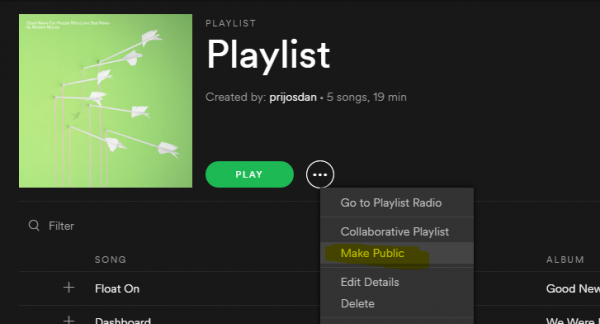 Spotify playlist menu opened from the three dots, with Make Public highlighted