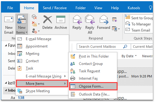 Outlook New Items menu with More Items and Choose Form highlighted