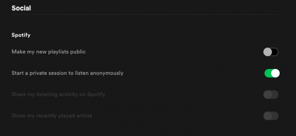 Spotify Social preferences with switches for public playlists, private sessions and listening activity