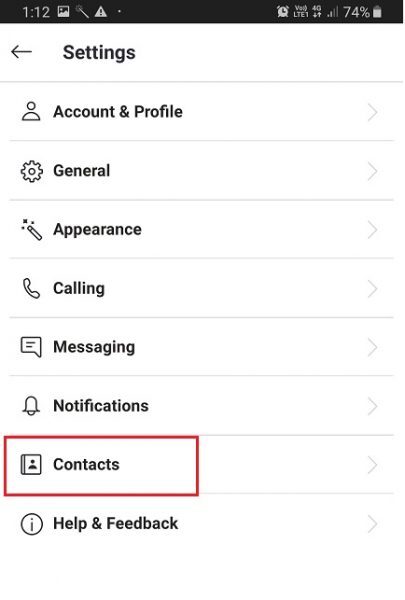 Skype Settings on Android with Contacts highlighted