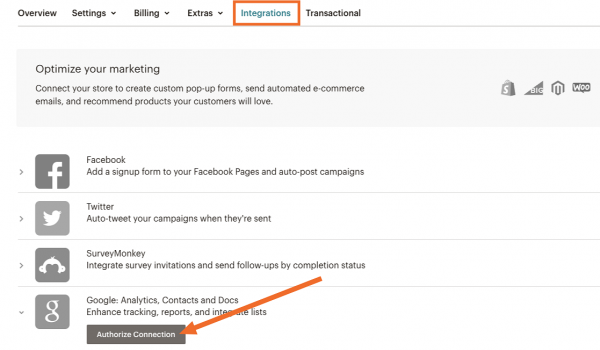 Mailchimp Integrations page with an arrow pointing to Authorize Connection for Google