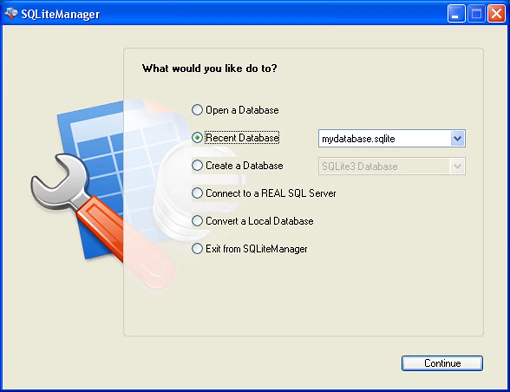 SQLiteManager start window with options to open or create a database