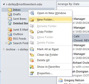 Outlook folder menu with New Folder highlighted