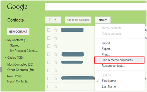 Google Contacts More menu with Find & merge duplicates highlighted