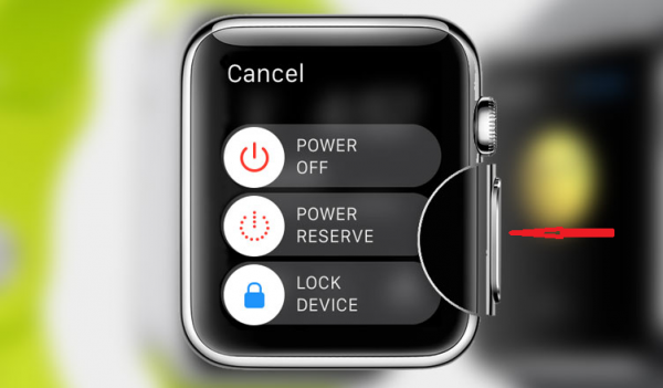 Apple Watch power menu with Power Off, opened by holding the side button