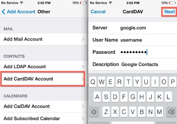 iPhone Add CardDAV Account highlighted, then the CardDAV form with google.com as server and Next highlighted