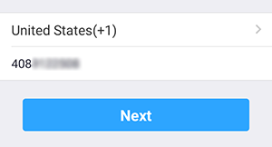 Zoom form for entering the country and mobile number, with the Next button