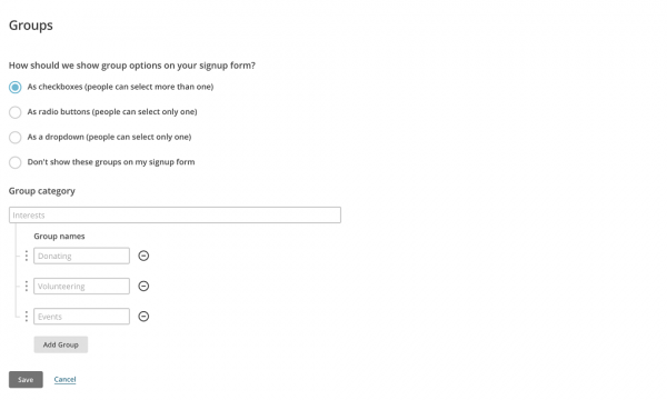 Mailchimp Groups settings with a group category and group names for the signup form