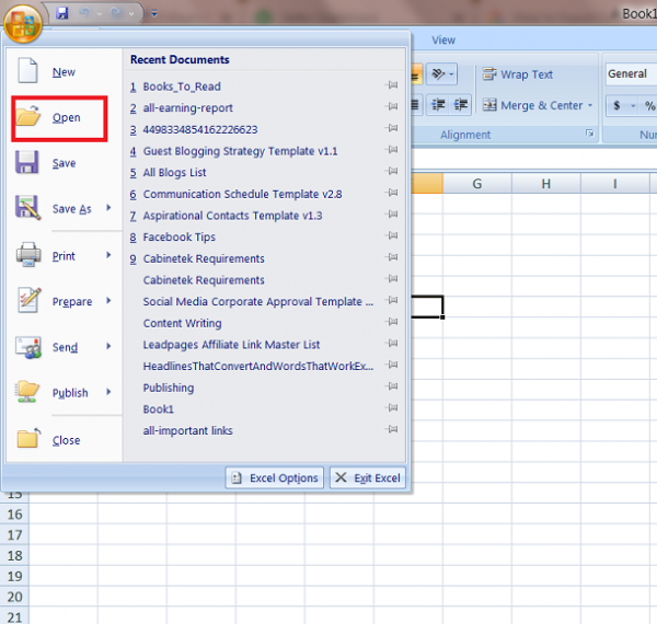 Excel Office menu with Open highlighted